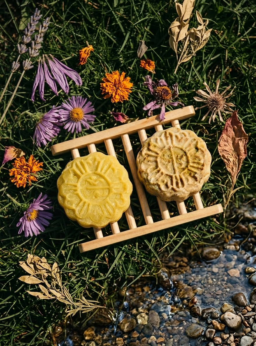 Provenciana's ginger solid hair care shampoo and conditioner bar set on grass, with dried flowers.