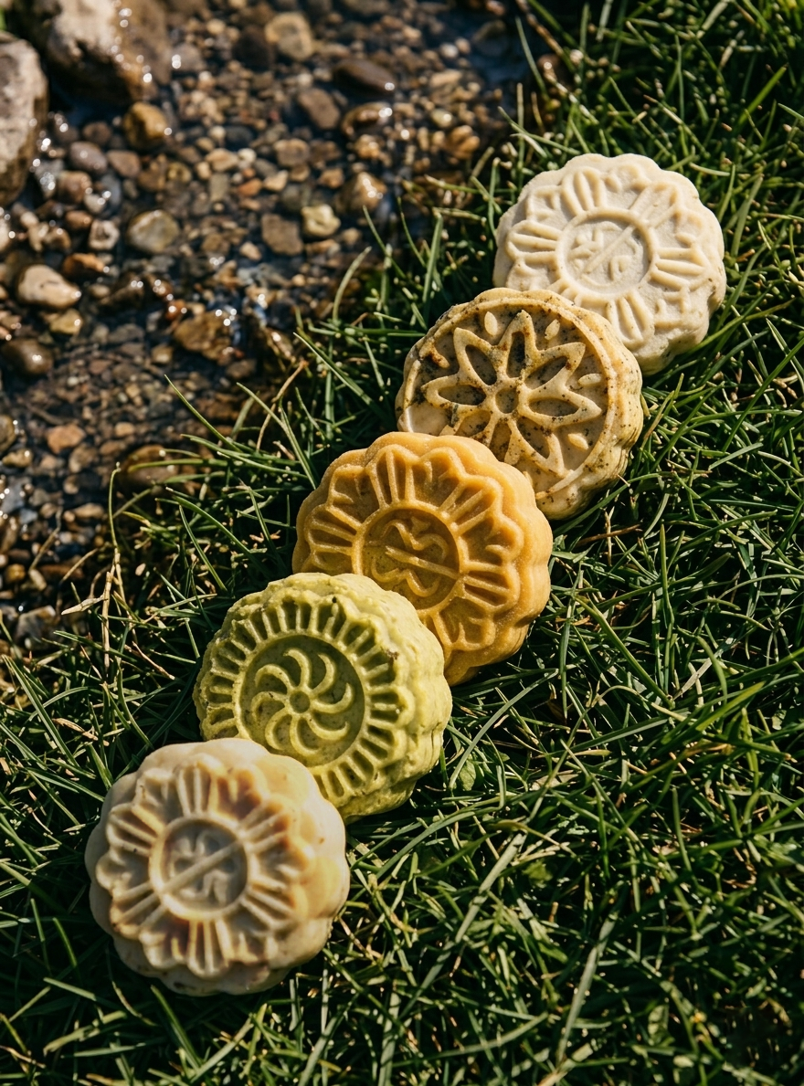Assorted Provenciana shampoo and conditioner bars on top of grass